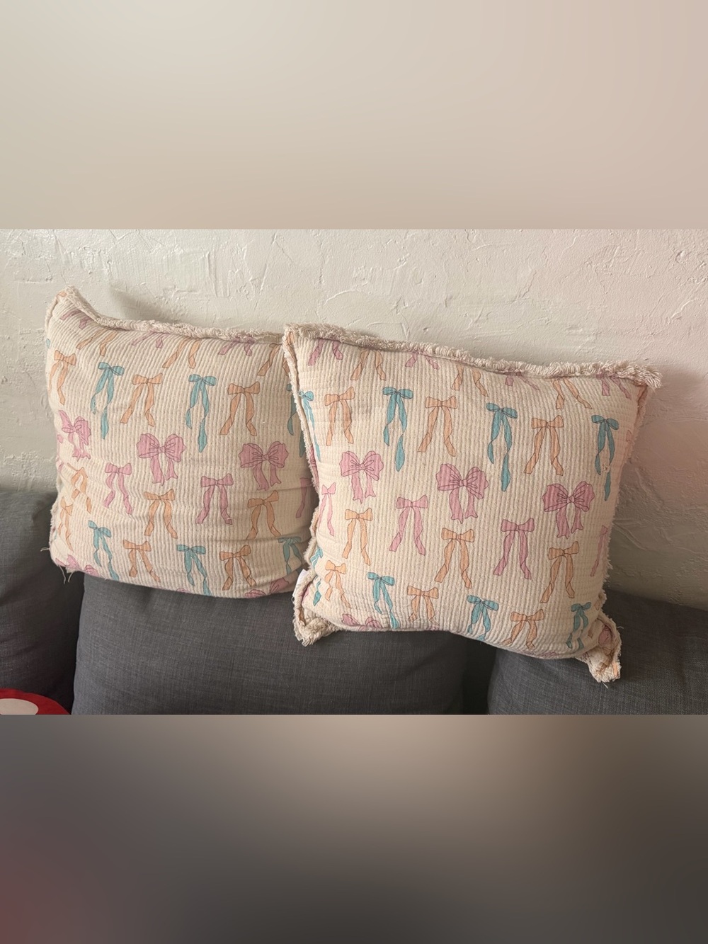 Source Unknown Bow-Print Accent Pillow - Pink, Blue & Peach on Cream